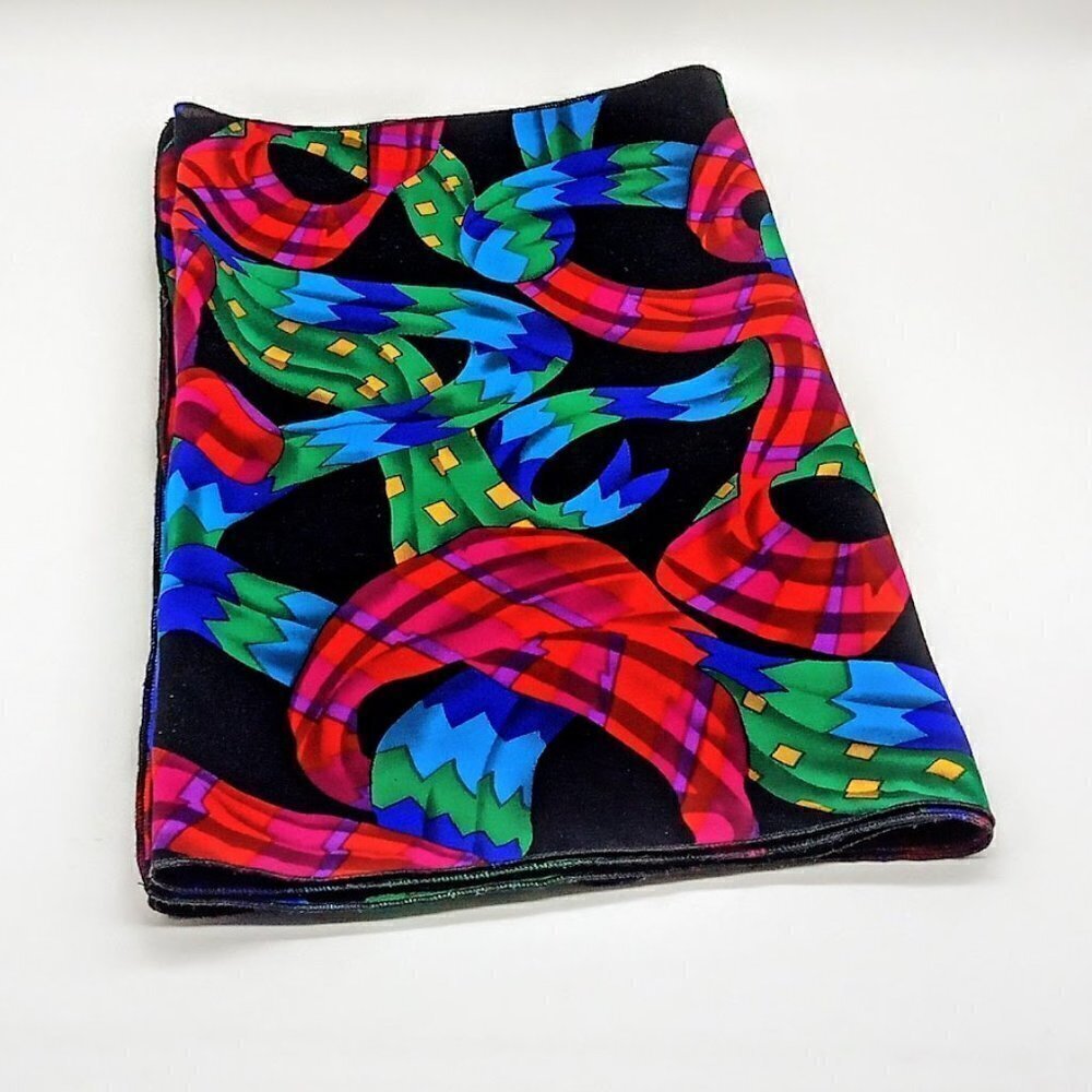 Vintage J. Simpson Jewel Tone Ribbon Print Oblong Silk Scarf